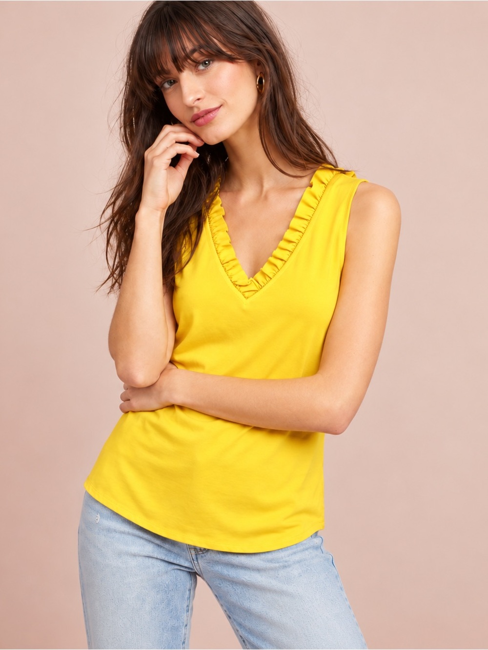 Ann Taylor Yellow Ruffle V Neck Sleeveless Tank Top Blouse XS
